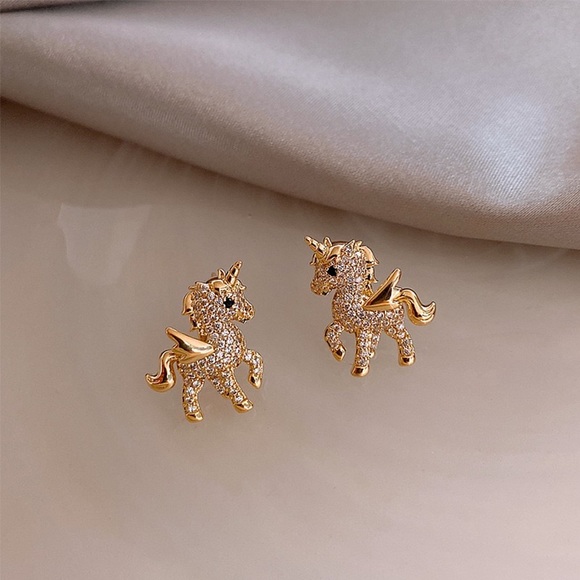 Gold Unicorn Stud Earrings for Women - Picture 3 of 4